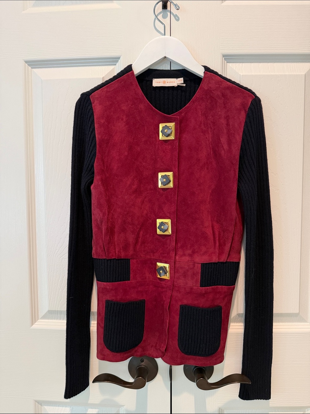 Tory Burch Wine Suede Front Blazer with Black Knit Sleeves